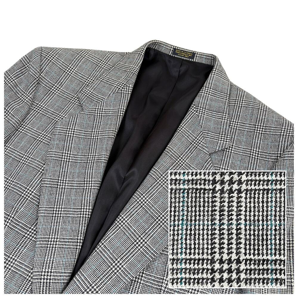 Oscar de la Renta Houndstooth Plaid Wool Blazer 42R Black White Blue Classic